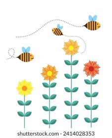 Funny Bees Pollinating Flowers. Nature plants and meadows concept vector