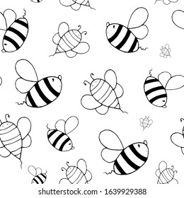 Funny bees seamless pattern. Hand drawn vector doodle illustration. Cute insects for coloring. Cartoon bees in kids style. Good for fabrik, wrapping paper, print, textile, wallpaper, background, card.