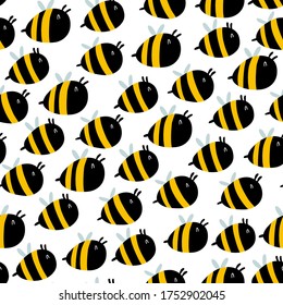 Funny bees seamless pattern. Vector naive characters in scandinavian hand-drawn cartoon style. Perfect for baby textile, clothing, wallpaper, packaging, etc.