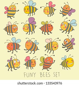 Funny bees set in vector. Cartoon funny bees in bright colors. Childish spring icons