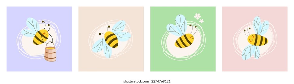 Funny bees with smiling faces flying, flapping their wings, carrying barrel of honey. Stylised, abstract bees on coloured background in gentle spring,  summer tones. Vector children's cartoon set.