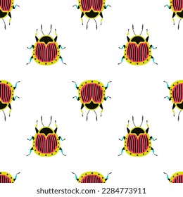 Funny beetles. Bright bugs. Seamless pattern on the white background