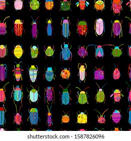 Funny beetles collection, seamless pattern for your design. Vector illustration