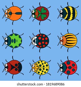 Funny beetles of different colors. Nine cartoon insects. Seamless vector pattern.