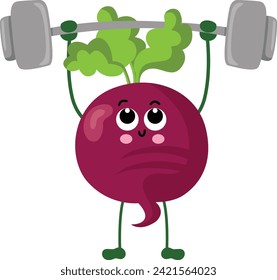 Funny beetroot mascot doing gym
