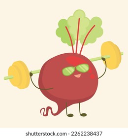 Funny beetroot  trains with barbell. Vegetable  lead an active lifestyle.