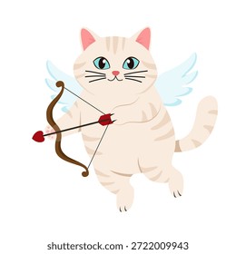 Funny beige cat cupid flying with bow and arrow. Cute cream tabby kitten with angel wings isolated on white. Vector cartoon character for Valentine's Day greeting card or romantic sticker.