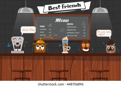 Funny best friends of barista with cartoon coffee bean latte grinder maker on bar counter vector illustration  