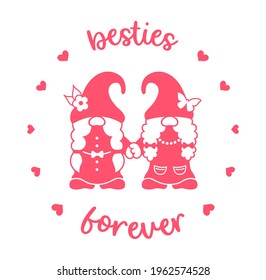 Funny best friends design with cute gnome girl hold hands and quote: Besties forever. Vector silhouette illustration. Girly sign or print for t-shirt.