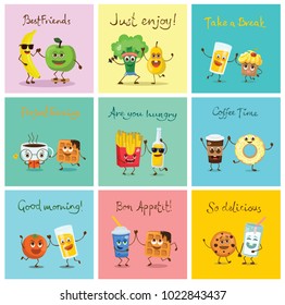 Funny best friends food characters with emotions, includes fast food and fruits, vector illustrations.