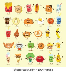 Funny best friends food characters with emotions, includes fast food and fruits, vegetables vector illustrations.