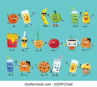 Funny best friends food characters with emotions, includes fast food and fruits, vector illustrations.