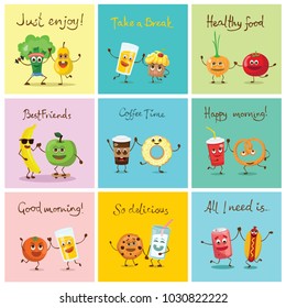 Funny best friends food characters with emotions, includes fast food and fruits, vector illustrations.