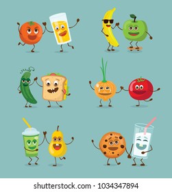 Funny best friends food characters with emotions,  vector illustrations.