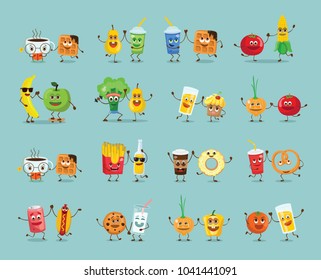 Funny best friends food characters with emotions, includes fast food and fruits, vector illustrations.