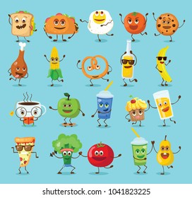 Funny best friends food characters with emotions, includes fast food and fruits, vector illustrations.