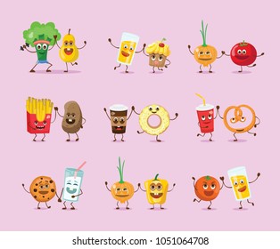 Funny best friends food characters with emotions, includes fast food and fruits, vector illustrations.