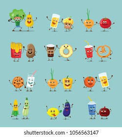 Funny best friends healthy and fast food characters with emotions, vector illustrations.