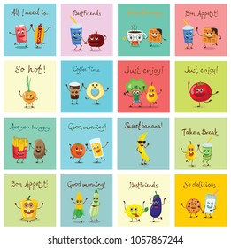 Funny best friends healthy and fast food characters with emotions, vector illustrations.