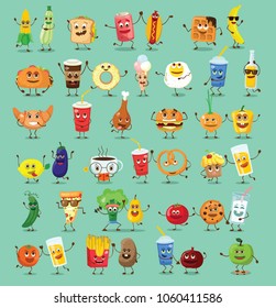 Funny best friends healthy and fast food characters with emotions, vector illustrations.