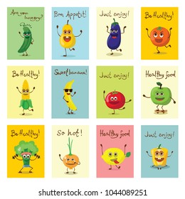 Funny best friends healthy food characters with emotions, vector illustrations.