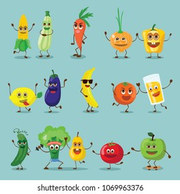 Funny best friends healthy fruits and vegetables characters with emotions, vector illustrations.