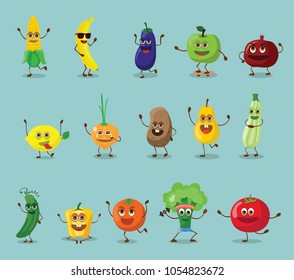 Funny best friends healthyfruits and vegetables characters with emotions, vector illustrations.