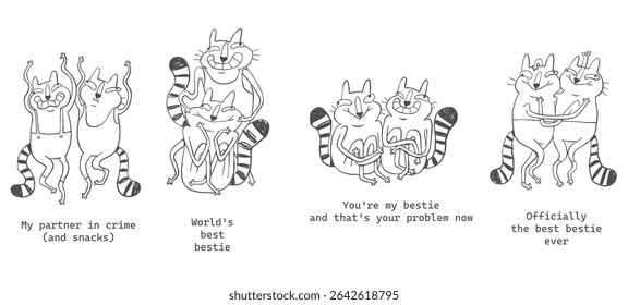 Engraçado bestie line art, amizade personagens sarcásticos, estilo de esboço desenhado à mão, rabiscos caprichosos minimalistas