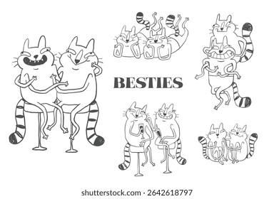 Engraçado bestie line art, amizade personagens sarcásticos, estilo de esboço desenhado à mão, rabiscos caprichosos minimalistas