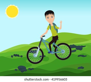 Funny bicyclist traveler with backpack riding a bike on mountain and waves his hand. Vector illustration.