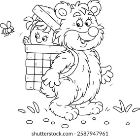 Funny big bear carrying a wicker basket with a naughty little girl, black and white vector cartoon illustration for a coloring book