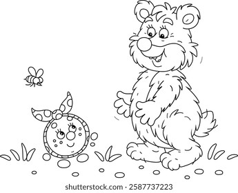 Funny big bear and a freshly baked round loaf Kolobok talking on a path in a summer forest, black and white vector cartoon illustration for a coloring book