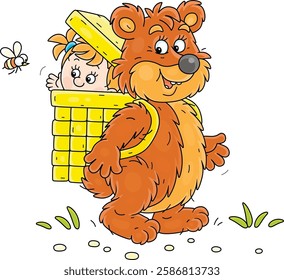 Funny big brown bear carrying a wicker basket with a naughty little girl, vector cartoon illustration on a white background