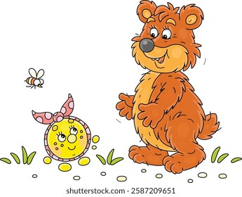 Funny big brown bear and a freshly baked round loaf Kolobok talking on a path in a summer forest, vector cartoon illustration on a white background