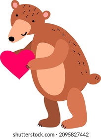 funny big brown bear holding a big heart in his hands.