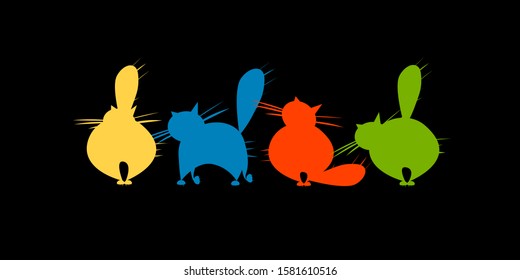Funny big cats family, black silhouette. Vector illustration