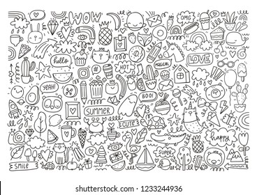 Funny big coloring poster in doodle style. Big coloring page life style