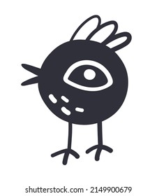 Funny big eyes chicken. Black and white hand-drawn vector illustration. Cute character. 