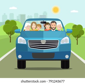 Funny Big Family Driving In Suv Car On Weekend Holiday. Vector Flat Style Illustration