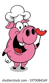 Funny Big Fat Pig cartoon characters wearing chef hat and get ready to grilling sausage, best for mascot or logo of culinary business