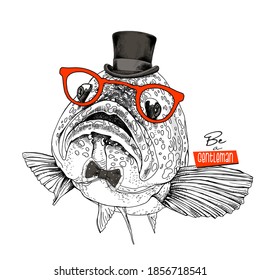 Funny big Fish in the gentleman top hat, bow-tie and in the glasses. Humor card, t-shirt composition, hand drawn style print. Vector illustration.