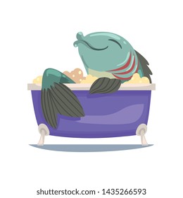 Funny Big Fish Taking Bath, Funny Cartoon Character Sea Animal Relaxing in Foamy Bathtub Vector Illustration