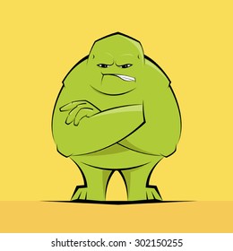 Funny big green monster standing with his arms crossed