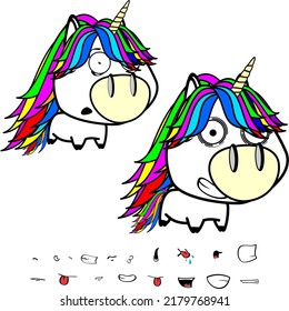 funny big head unicorn cartoon expressions set colletion in vector format