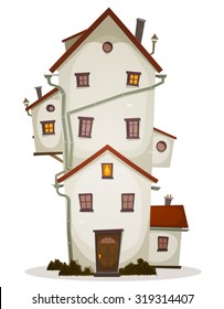 Funny Big House/
Illustration Of A Cartoon High Big Funny House, Castle Or Manor, With Lots Of Windows And Outbuilding