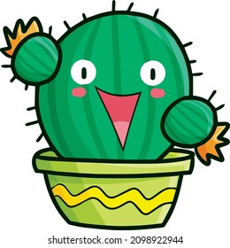Funny big rounded cactus character in a yellow green pot