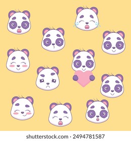 Funny big set of panda faces with different emotions in kawaii style.Vector illustration