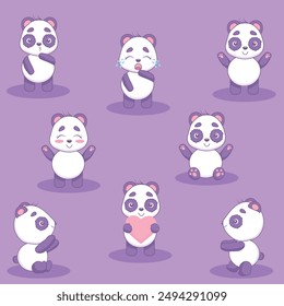  Funny big set of pandas with different emotions in kawaii style.Vector illustration