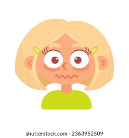 Funny big-eared blonde girl with a square is terrified, frightened. In cartoon style. Human emotions. Psychological health, Welness