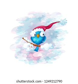 Funny big-eyed blue bird in the hat of Santa Claus is sitting on a snowy branch. Vector winter illustration.